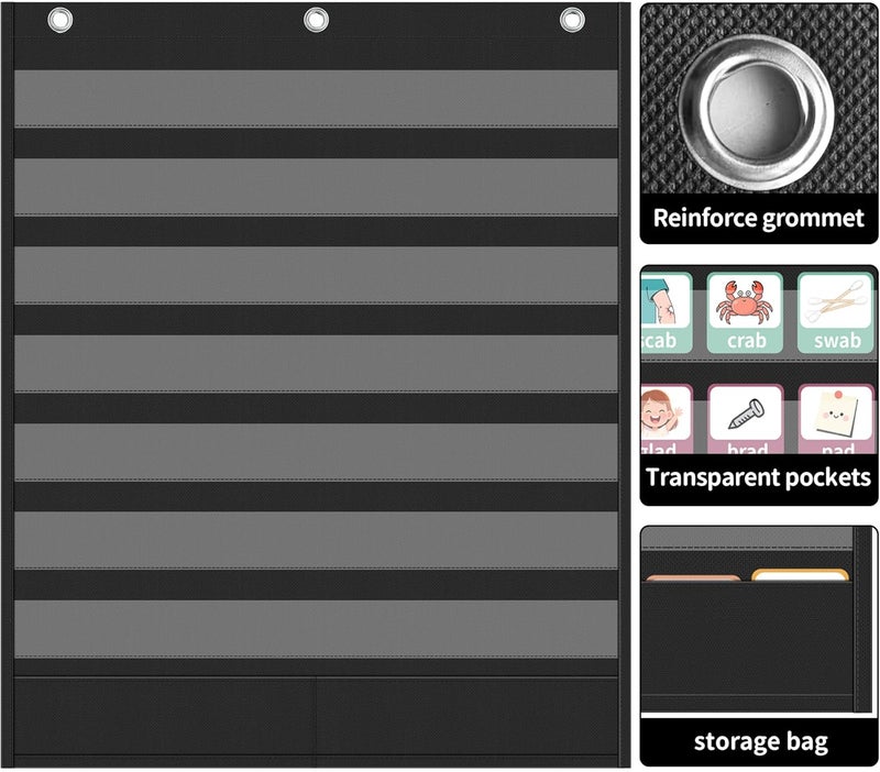 Yoink 7+2 Pockets Standard Pocket Chart, Clear 7 Pockets for Alphabet Learning with 2 Extra Storage Pocket, Chore Chart, Word Wall and Sentence Strips Chart for Classroom, Black (33" x 28.1") - Image 4